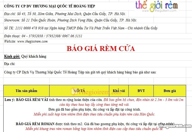 bảng báo giá rèm