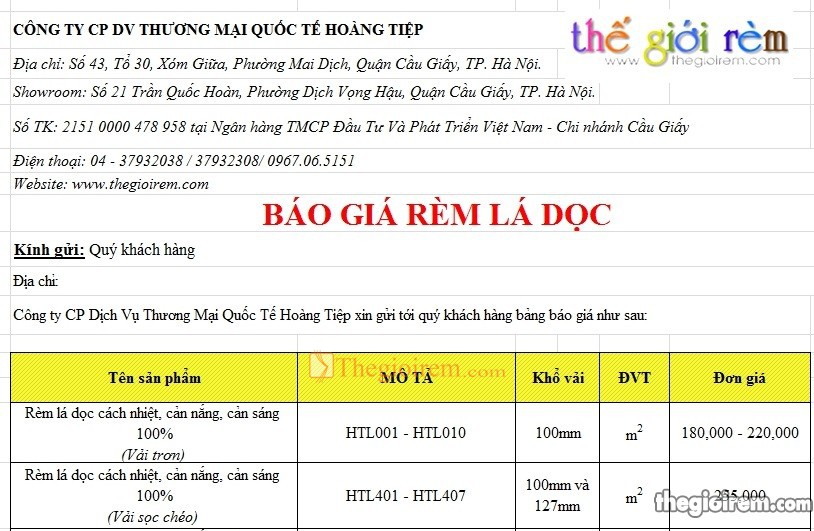 bảng báo giá rèm lá dọc